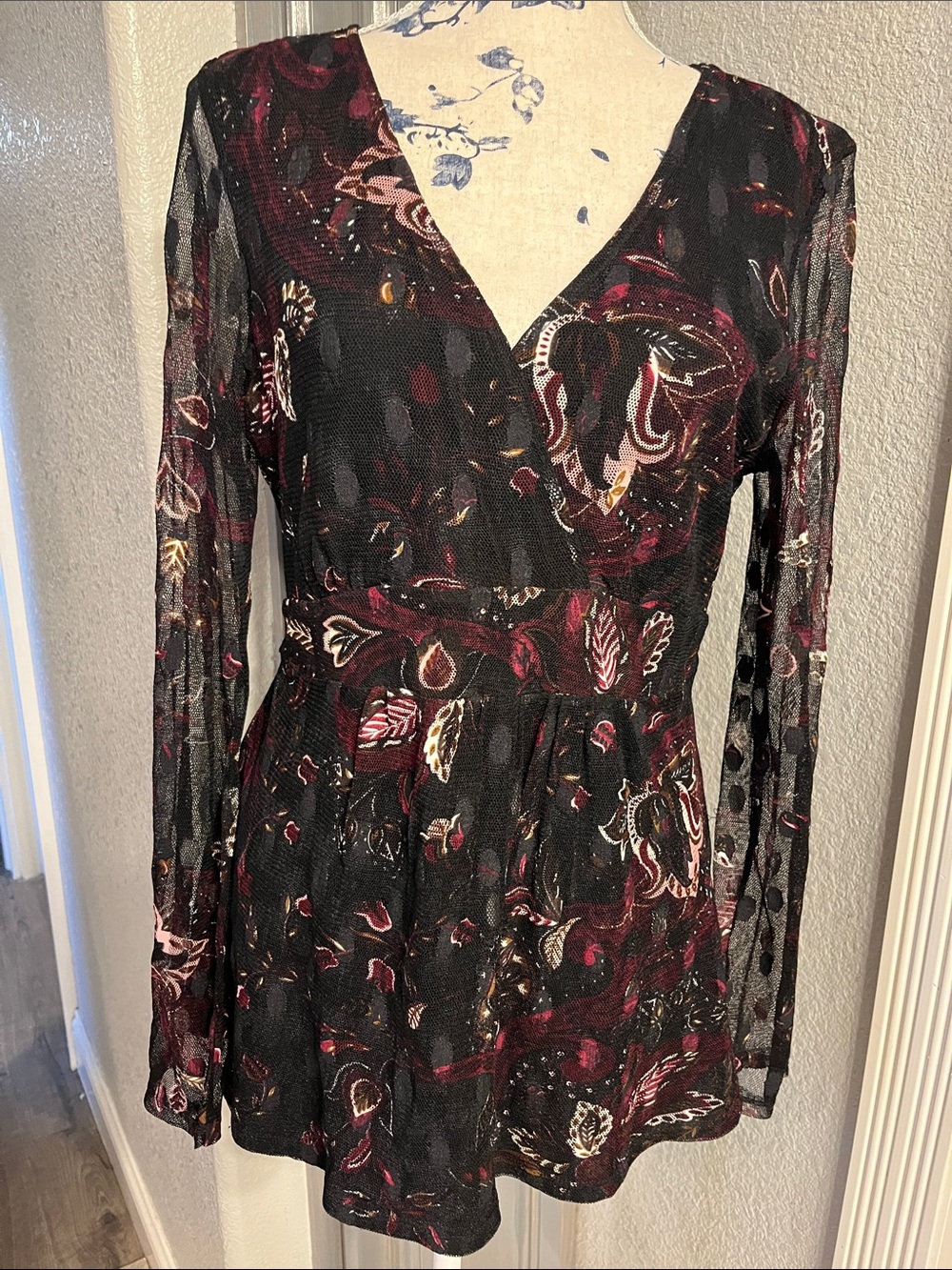 INC International Concepts Black Floral Mesh V-Neck Blouse
